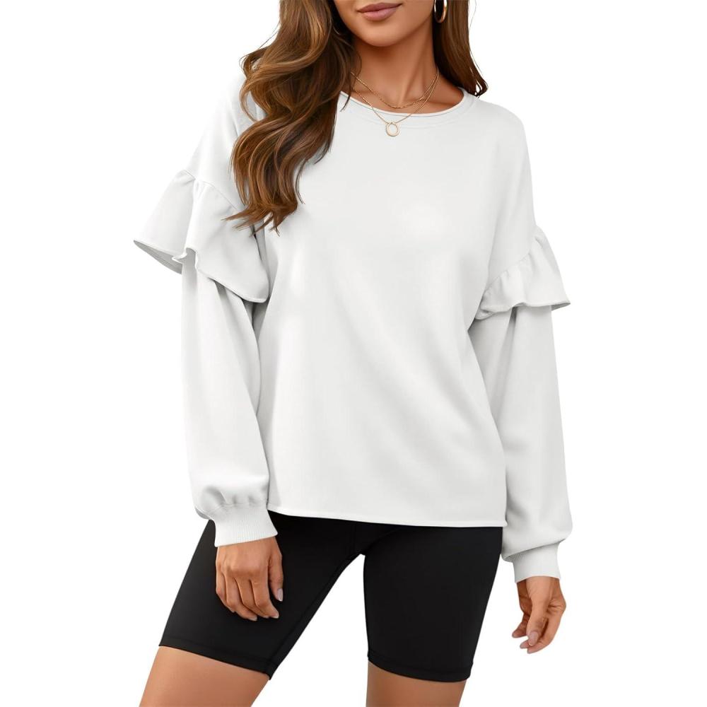 image:imageFisoew Womens Crewneck Sweatshirts Fall Casual Ruffle Long Sleeve Roll Hem Loose Cropped Pullover TopsWhite