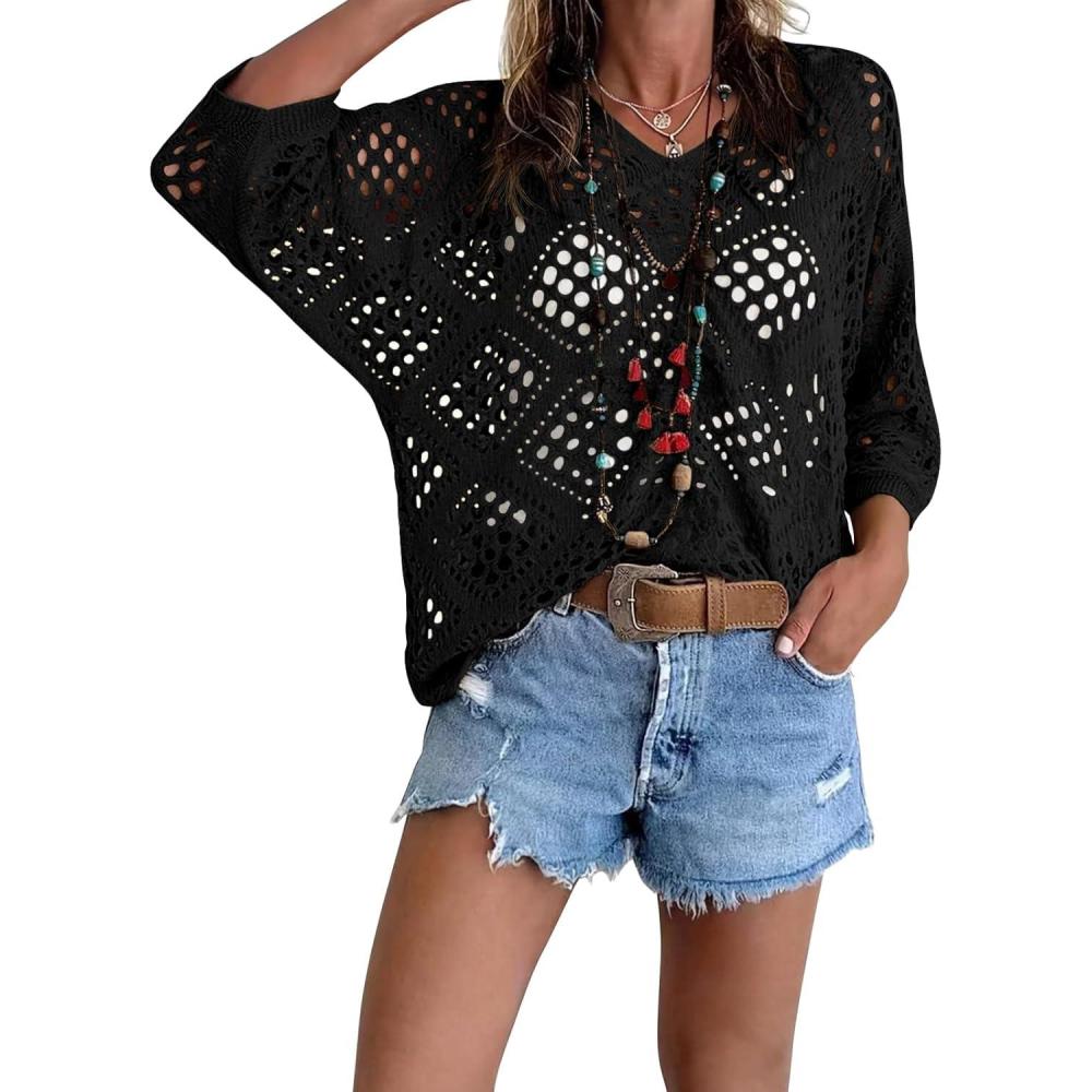 image:imageFisoew Womens Crochet Cover Up Tops Summer Short Sleeve Hollow Out Sweater Shirts Boho Beach Swimsuit CoverupsBlack