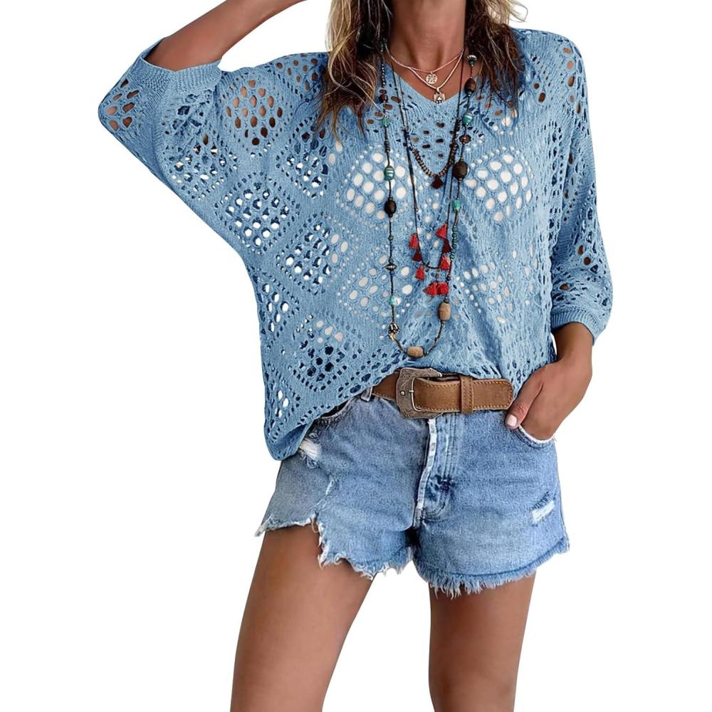 image:imageFisoew Womens Crochet Cover Up Tops Summer Short Sleeve Hollow Out Sweater Shirts Boho Beach Swimsuit CoverupsBlue