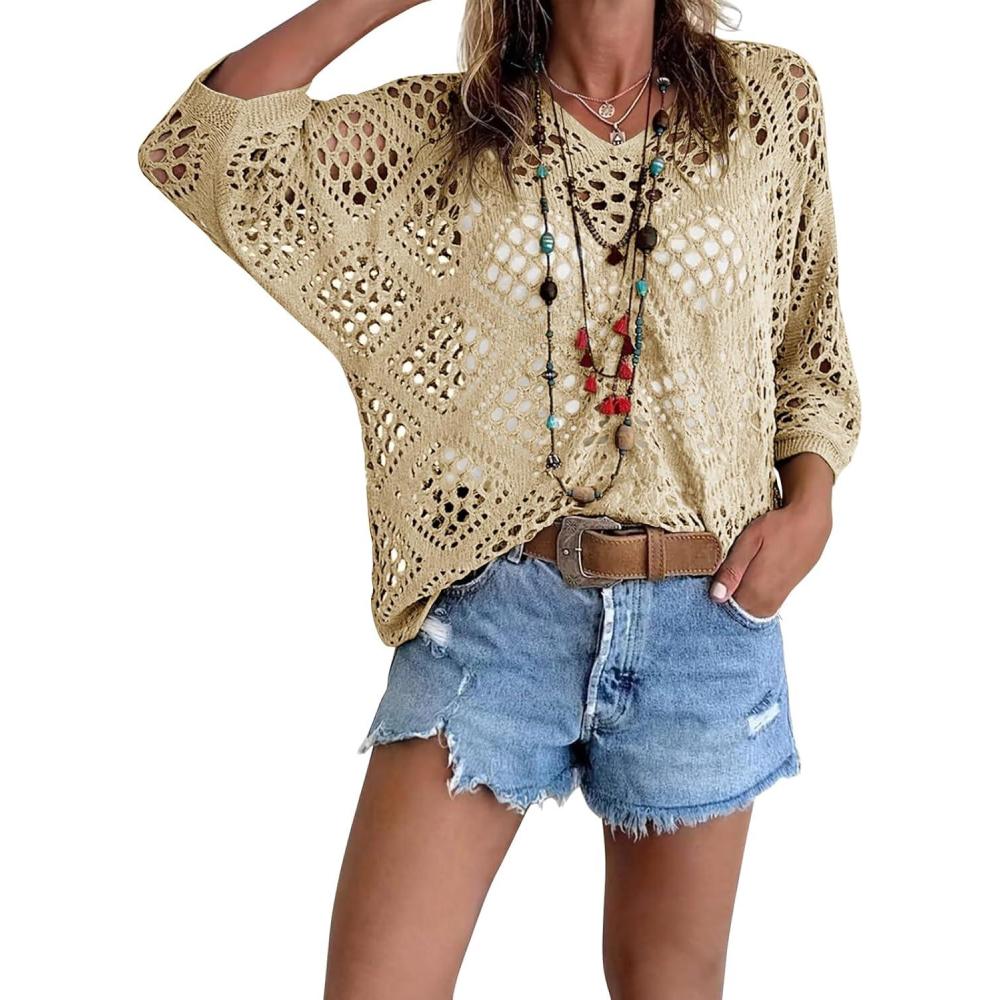 image:imageFisoew Womens Crochet Cover Up Tops Summer Short Sleeve Hollow Out Sweater Shirts Boho Beach Swimsuit CoverupsKhaki
