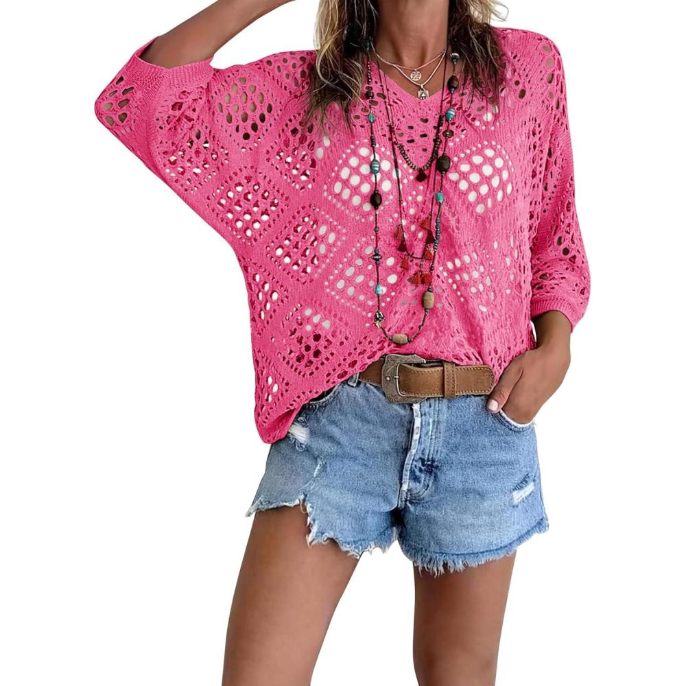 image:imageFisoew Womens Crochet Cover Up Tops Summer Short Sleeve Hollow Out Sweater Shirts Boho Beach Swimsuit CoverupsPink