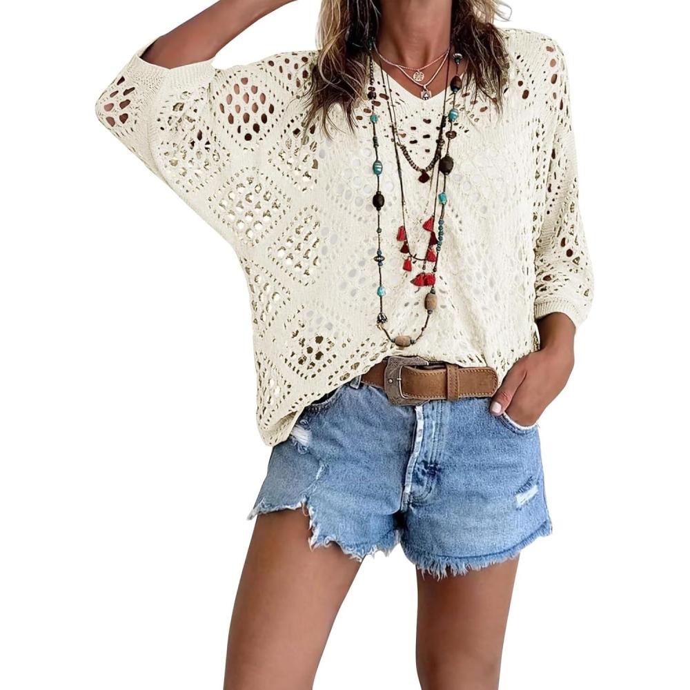 image:imageFisoew Womens Crochet Cover Up Tops Summer Short Sleeve Hollow Out Sweater Shirts Boho Beach Swimsuit CoverupsWhite