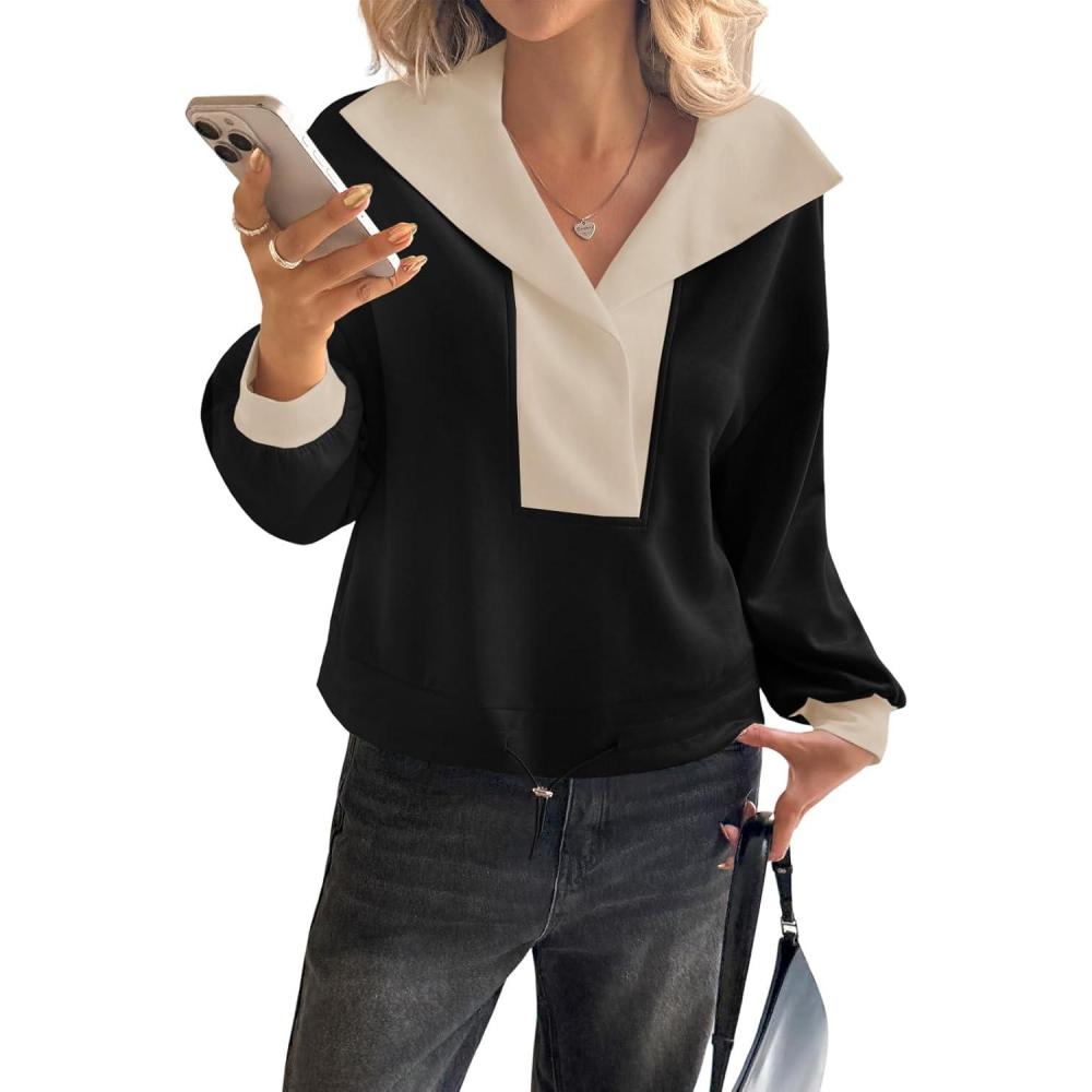image:imageFisoew Womens Cropped Oversized Sweatshirt Casual Lapel V Neck Long Sleeve Contrast Drawstring Loose Fit Fall Pullover TopsBlack