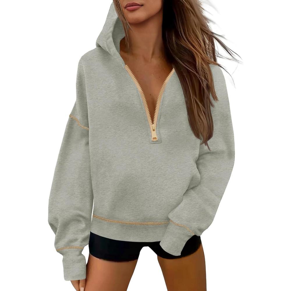 image:imageFisoew Womens Half Zip Hoodies Casual Long Sleeve Oversized Fall Sweatshirts Contrast Stitch Loose Pullover TopsLight Grey