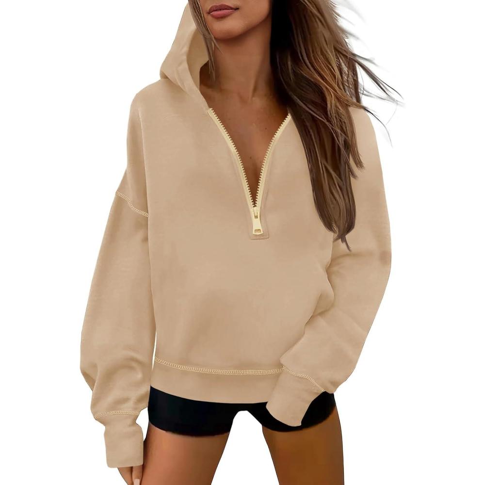 image:imageFisoew Womens Half Zip Hoodies Casual Long Sleeve Oversized Fall Sweatshirts Contrast Stitch Loose Pullover TopsLight Khaki