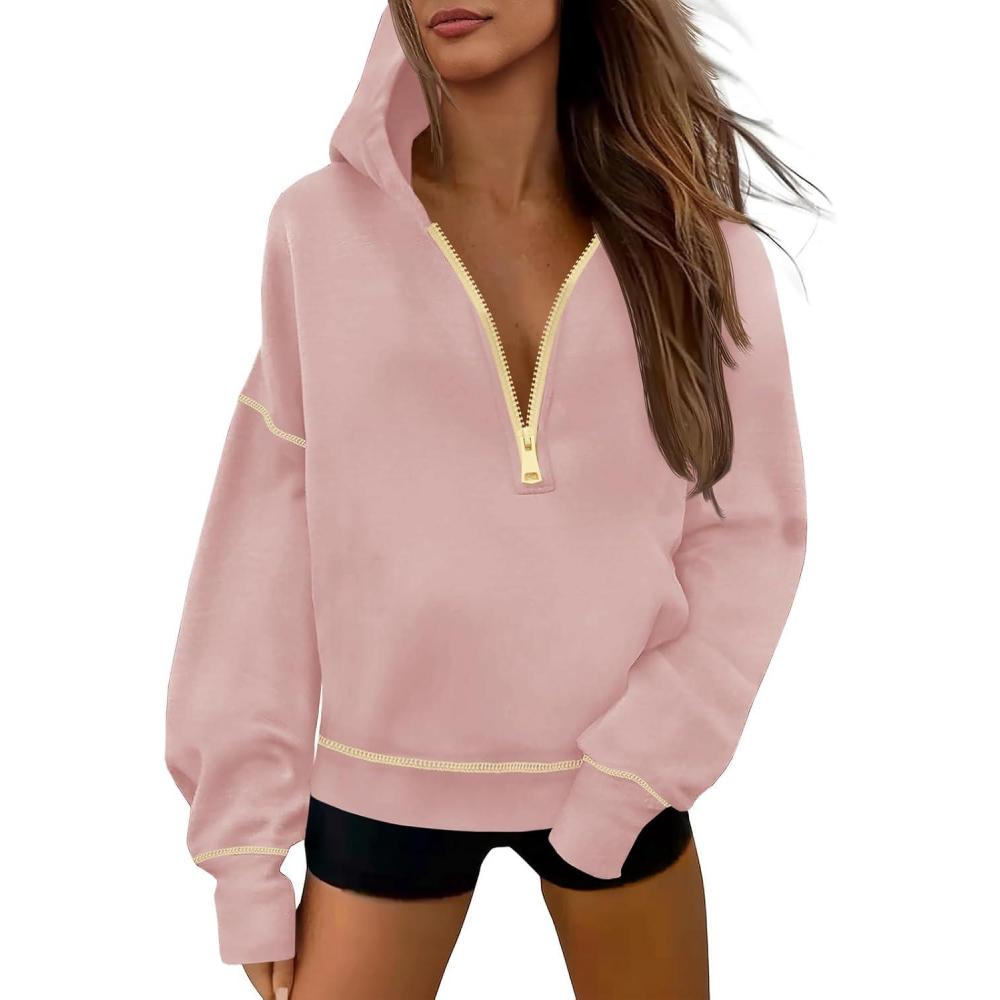 image:imageFisoew Womens Half Zip Hoodies Casual Long Sleeve Oversized Fall Sweatshirts Contrast Stitch Loose Pullover TopsLight Pink