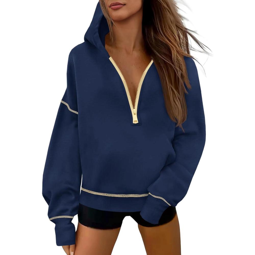 image:imageFisoew Womens Half Zip Hoodies Casual Long Sleeve Oversized Fall Sweatshirts Contrast Stitch Loose Pullover TopsNavy