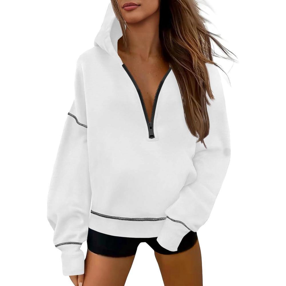 image:imageFisoew Womens Half Zip Hoodies Casual Long Sleeve Oversized Fall Sweatshirts Contrast Stitch Loose Pullover TopsWhite