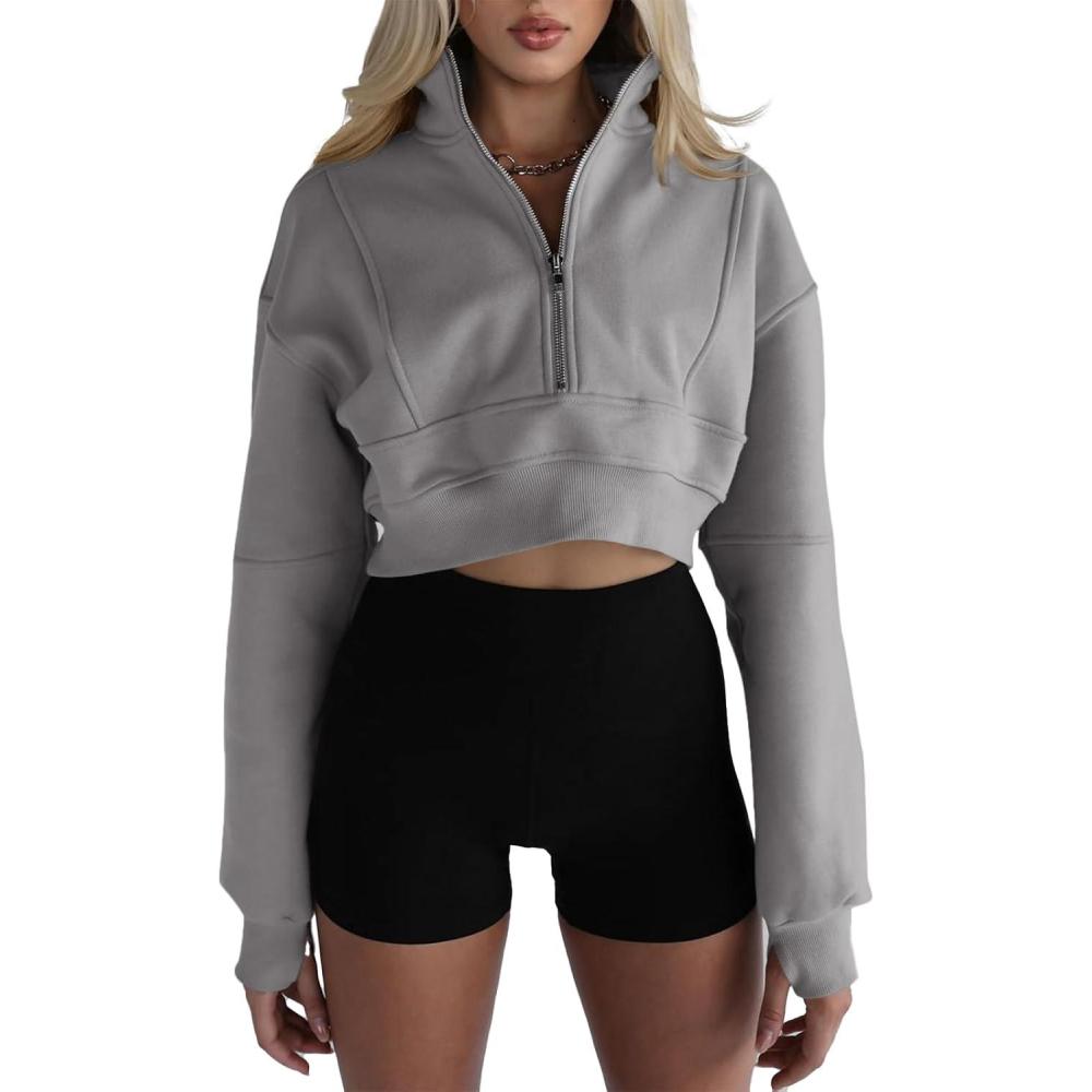 image:imageFisoew Womens Half Zipper Cropped Sweatshirts Casual Long Sleeve Tops With Thumb HoleGrey