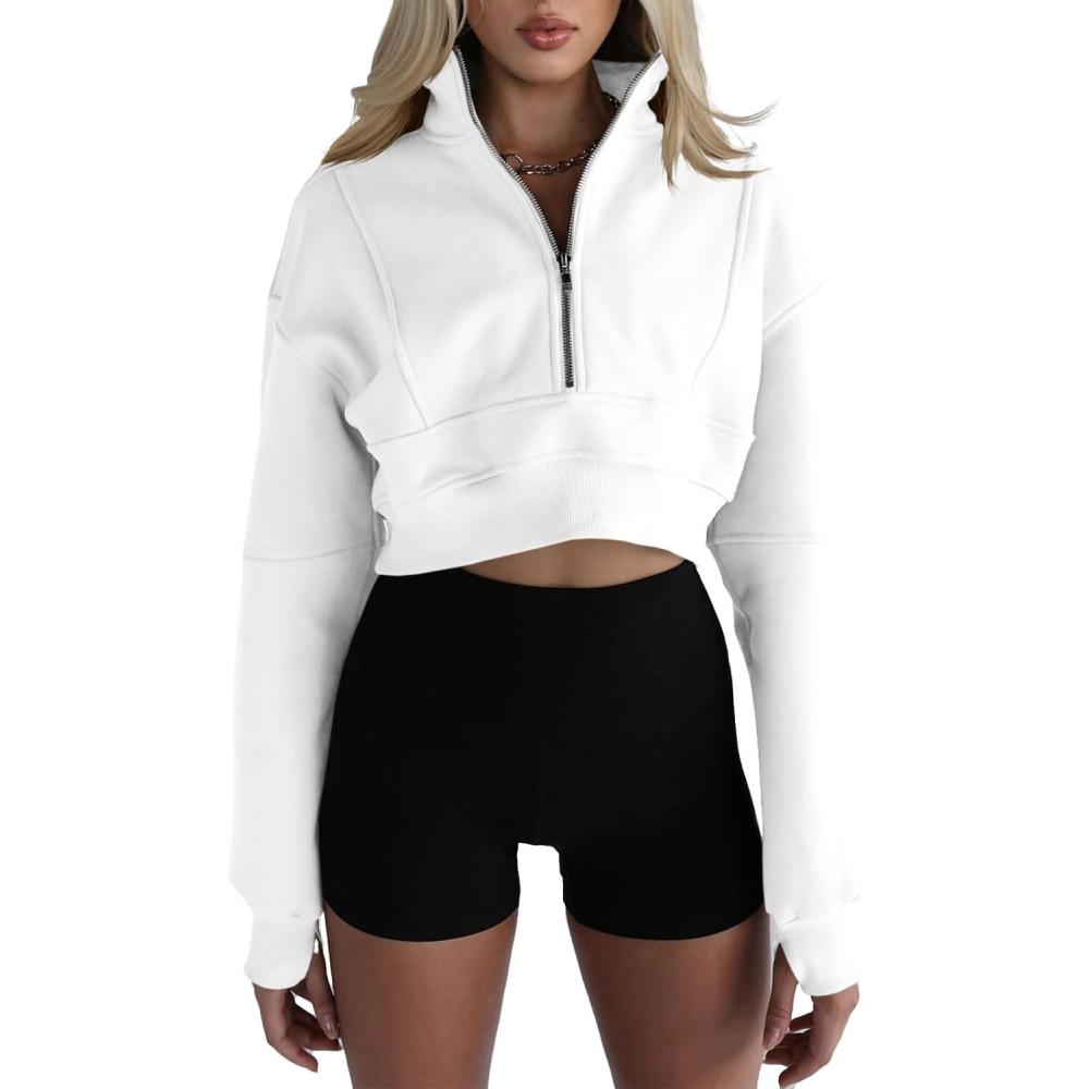 image:imageFisoew Womens Half Zipper Cropped Sweatshirts Casual Long Sleeve Tops With Thumb HoleWhite