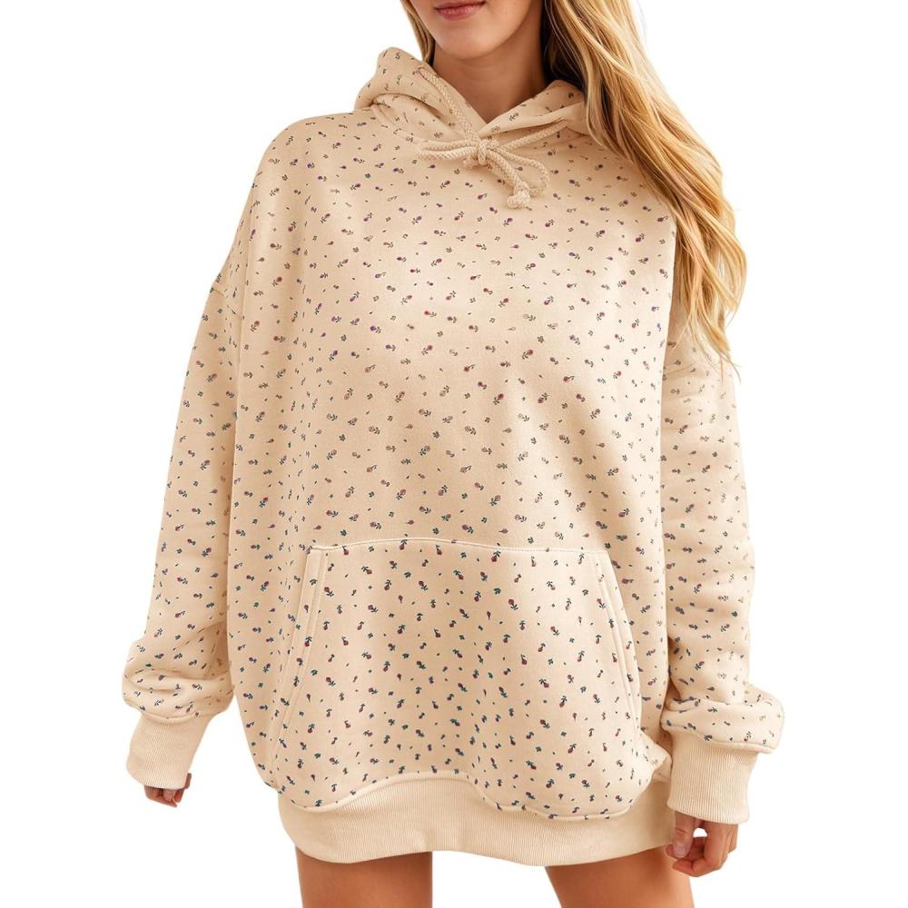 image:imageFisoew Womens Hoodies Oversized Floral Sweatshirts Casual Long Sleeve Pullover Loose Fit Drawstring Hooded TopsBeige