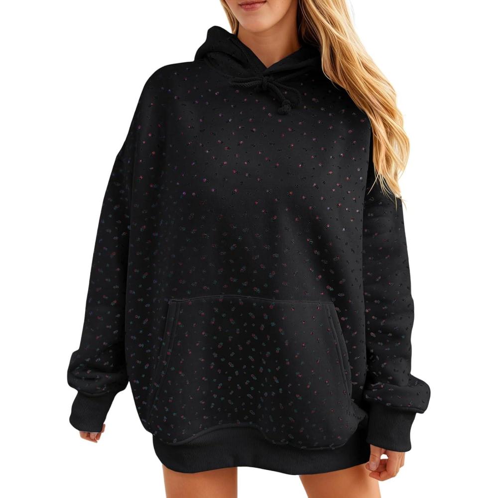image:imageFisoew Womens Hoodies Oversized Floral Sweatshirts Casual Long Sleeve Pullover Loose Fit Drawstring Hooded TopsBlack