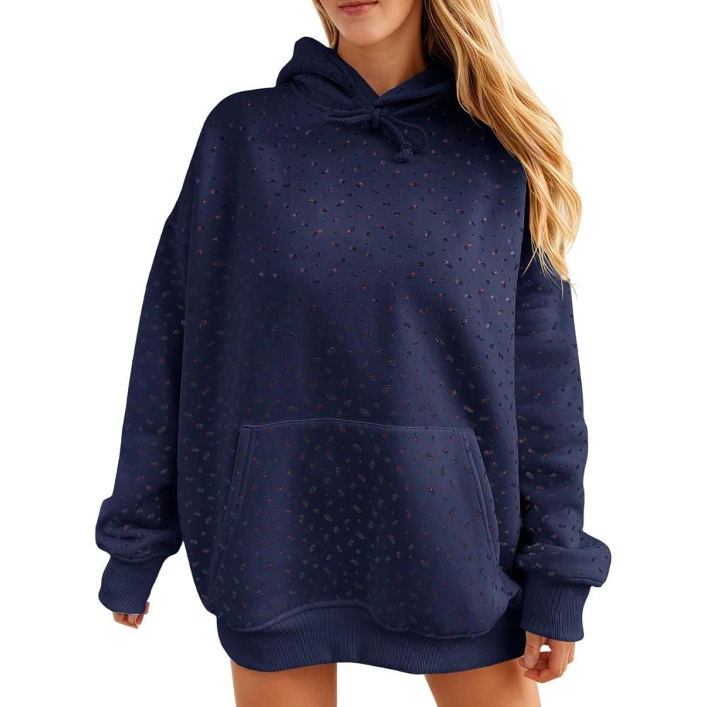 image:imageFisoew Womens Hoodies Oversized Floral Sweatshirts Casual Long Sleeve Pullover Loose Fit Drawstring Hooded TopsNavy