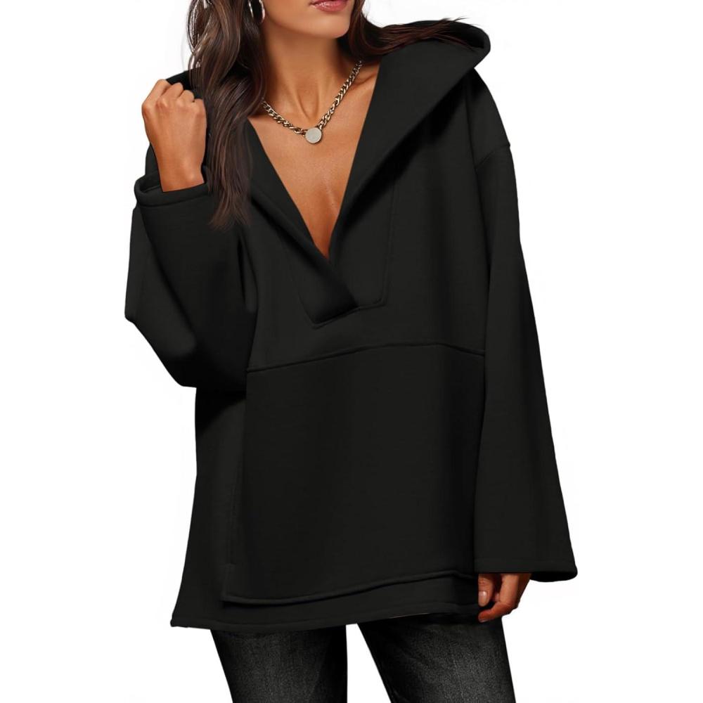 image:imageFisoew Womens Hoodies Oversized Sweatshirts Casual Fleece V Neck Long Sleeve Hooded Loose Fall Winter Pullover TopsBlack