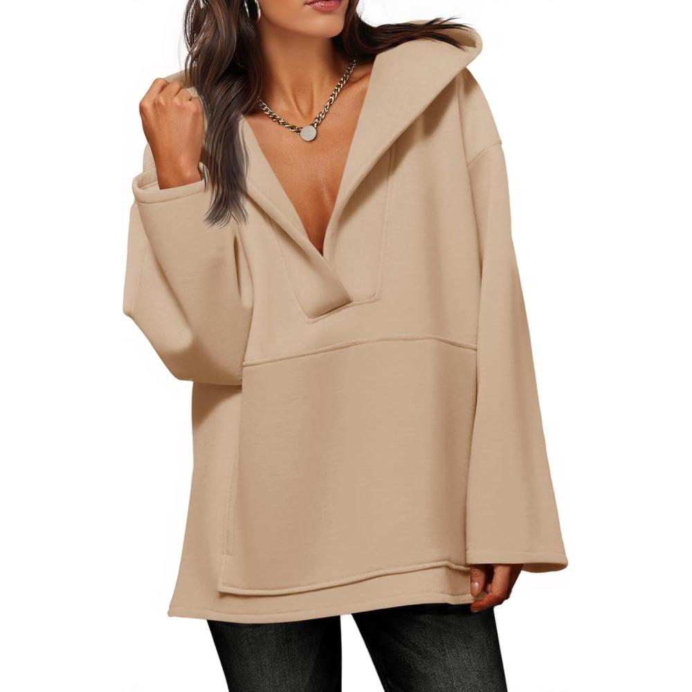 image:imageFisoew Womens Hoodies Oversized Sweatshirts Casual Fleece V Neck Long Sleeve Hooded Loose Fall Winter Pullover TopsKhaki