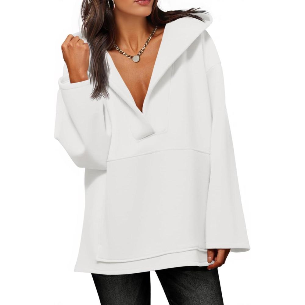 image:imageFisoew Womens Hoodies Oversized Sweatshirts Casual Fleece V Neck Long Sleeve Hooded Loose Fall Winter Pullover TopsWhite