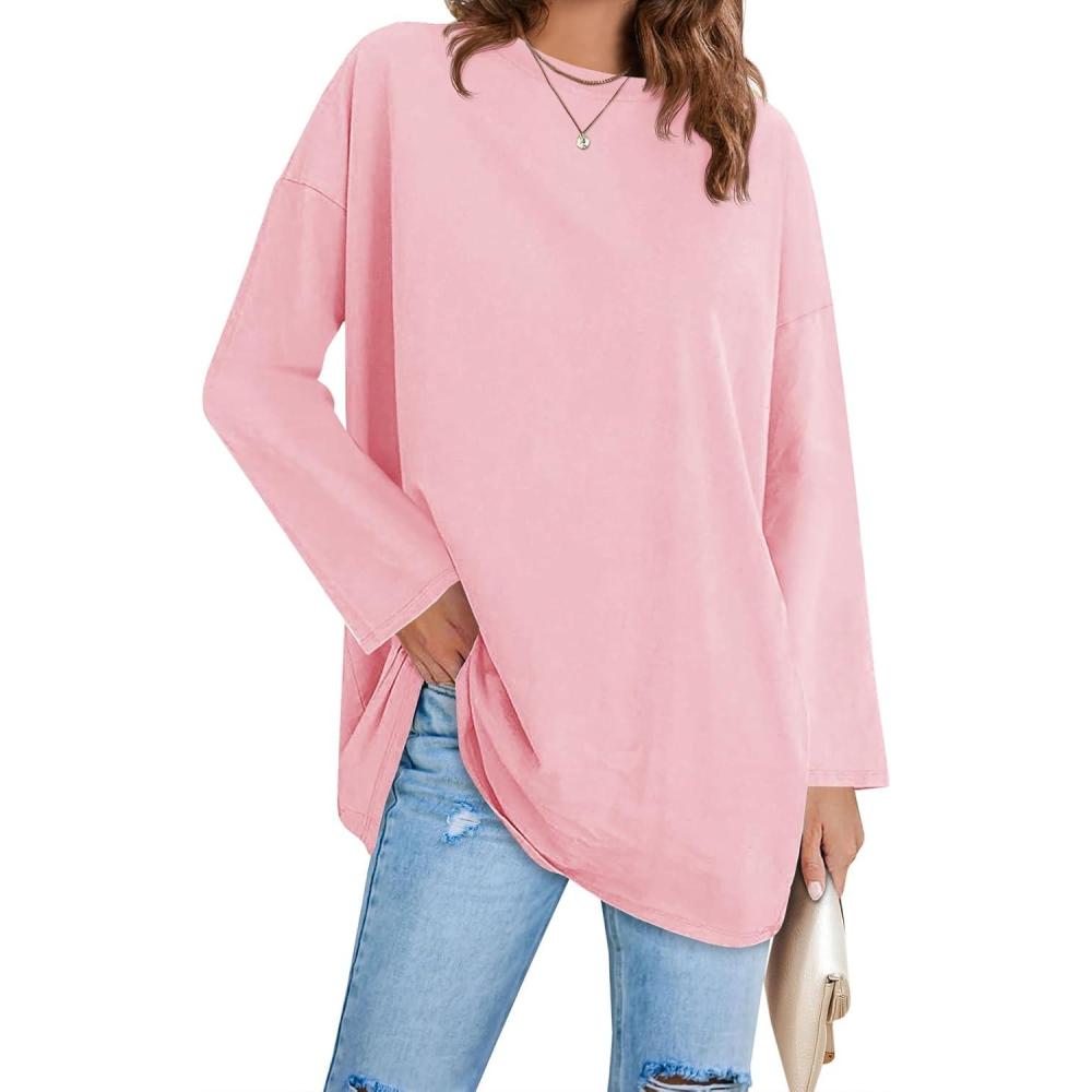 image:imageFisoew Womens Long Sleeve Oversized T Shirts Loose Casual Crewneck Tunic Tops Soft Blouse01pink