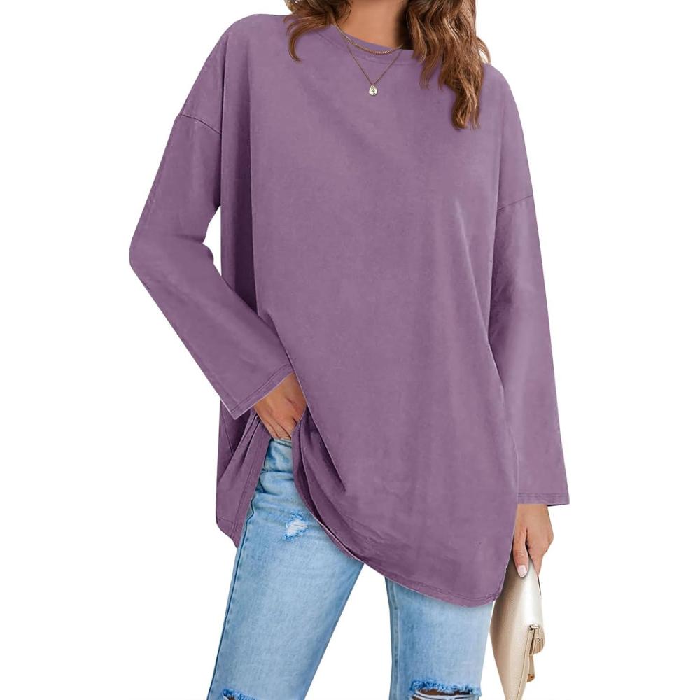 image:imageFisoew Womens Long Sleeve Oversized T Shirts Loose Casual Crewneck Tunic Tops Soft Blouse01purple