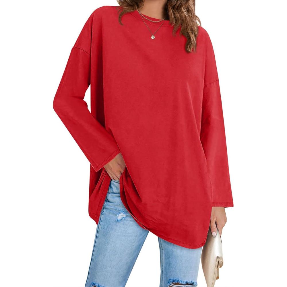 image:imageFisoew Womens Long Sleeve Oversized T Shirts Loose Casual Crewneck Tunic Tops Soft Blouse01red