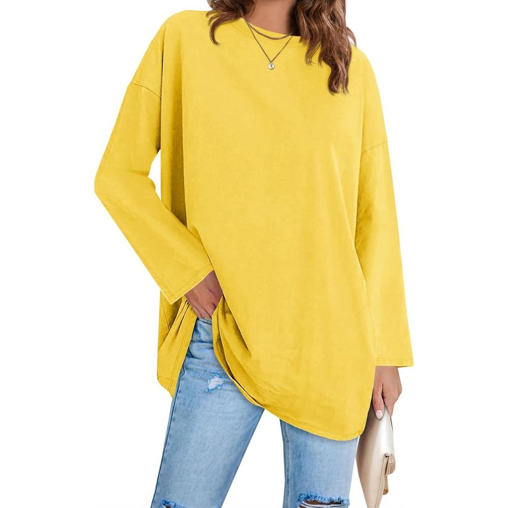 image:imageFisoew Womens Long Sleeve Oversized T Shirts Loose Casual Crewneck Tunic Tops Soft Blouse01yellow