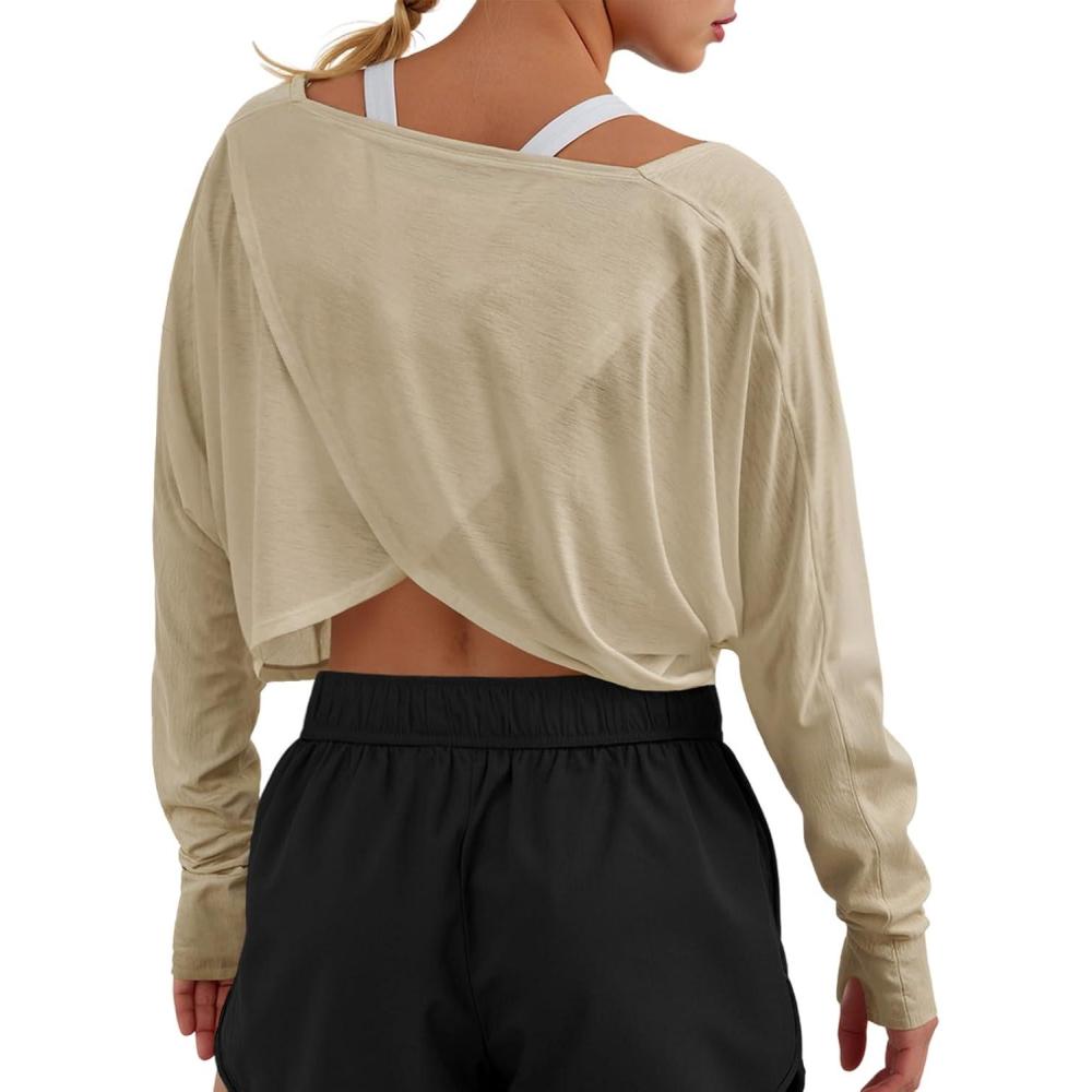 image:imageFisoew Womens Long Sleeve Workout Tops Athletic Shirts Cropped Crossover Back Loose Running Gym Tee with Thumb HolesKhaki
