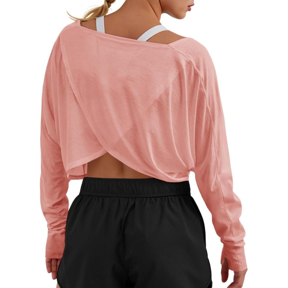image:imageFisoew Womens Long Sleeve Workout Tops Athletic Shirts Cropped Crossover Back Loose Running Gym Tee with Thumb HolesPink