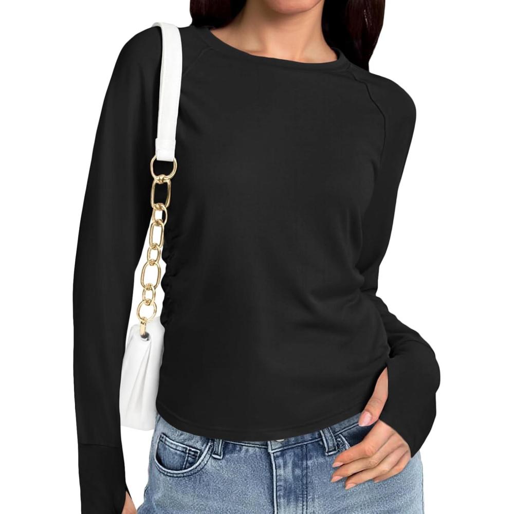 image:imageFisoew Womens Long Sleeve Workout Yoga Tops Fall Crewneck Athletic Running T Shirts with Thumb HolesBlack