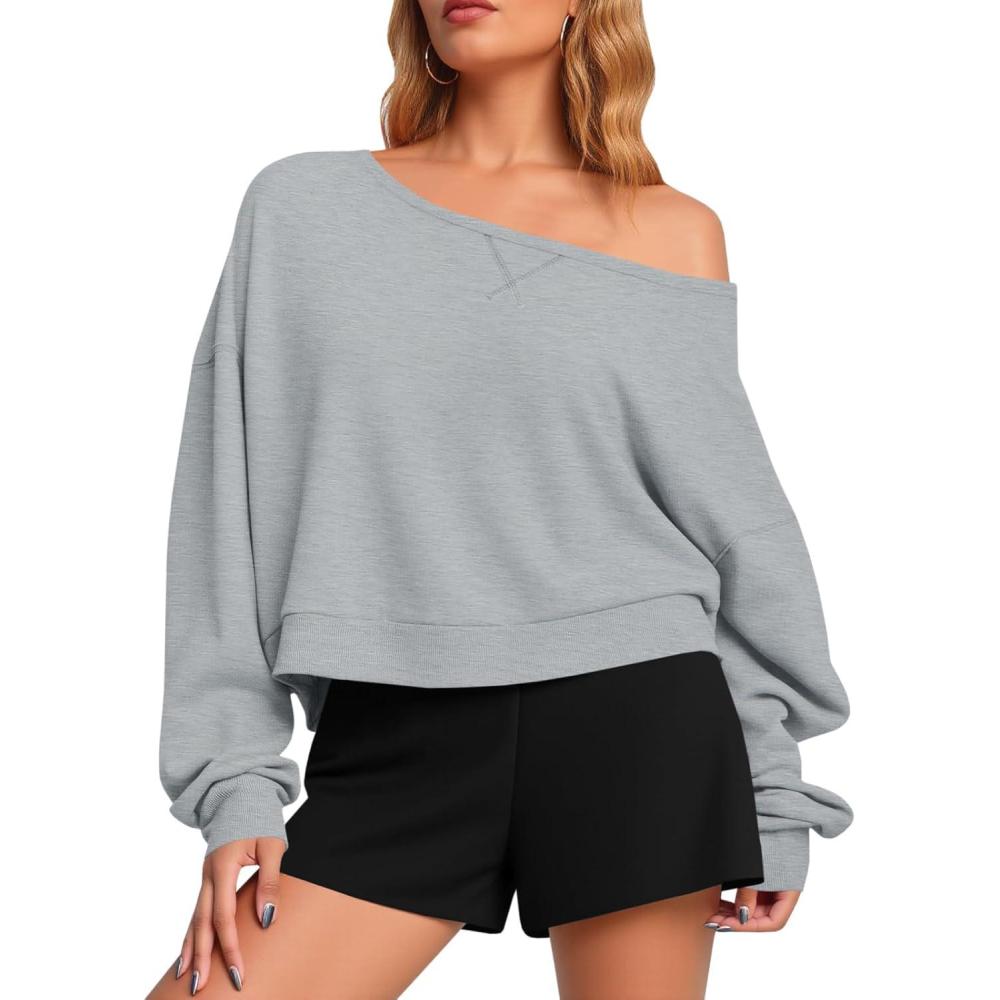 image:imageFisoew Womens Off The Shoulder Crop Tops Casual Long Sleeve Oversized Fall Pullover SweatshirtsGrey