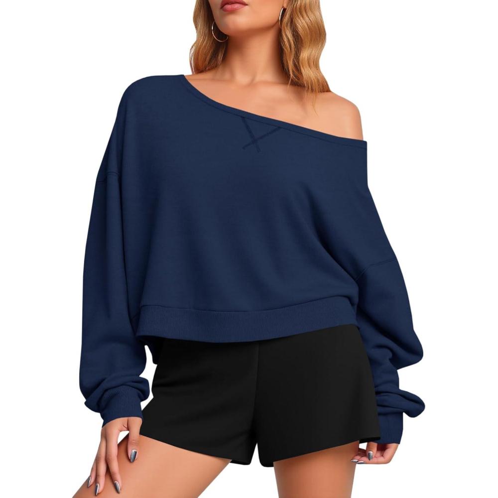 image:imageFisoew Womens Off The Shoulder Crop Tops Casual Long Sleeve Oversized Fall Pullover SweatshirtsNavy