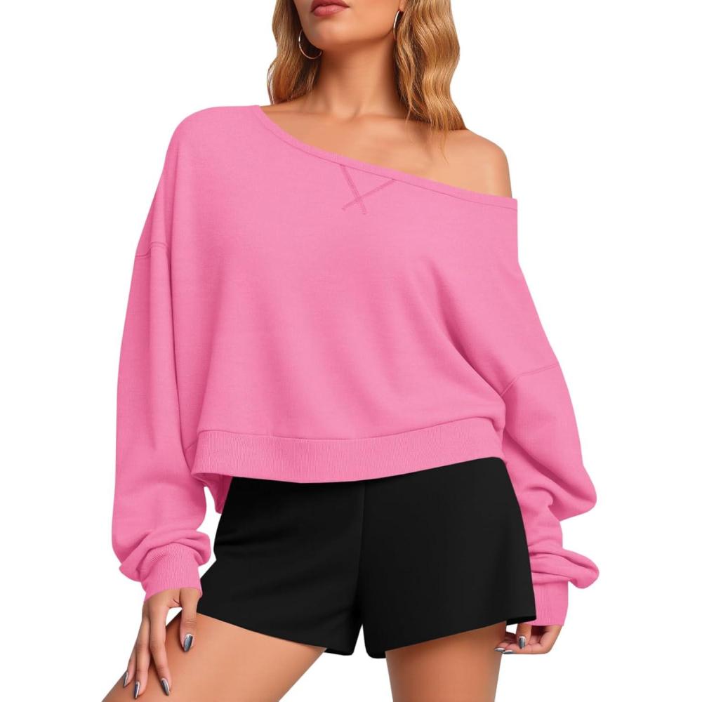 image:imageFisoew Womens Off The Shoulder Crop Tops Casual Long Sleeve Oversized Fall Pullover SweatshirtsPink