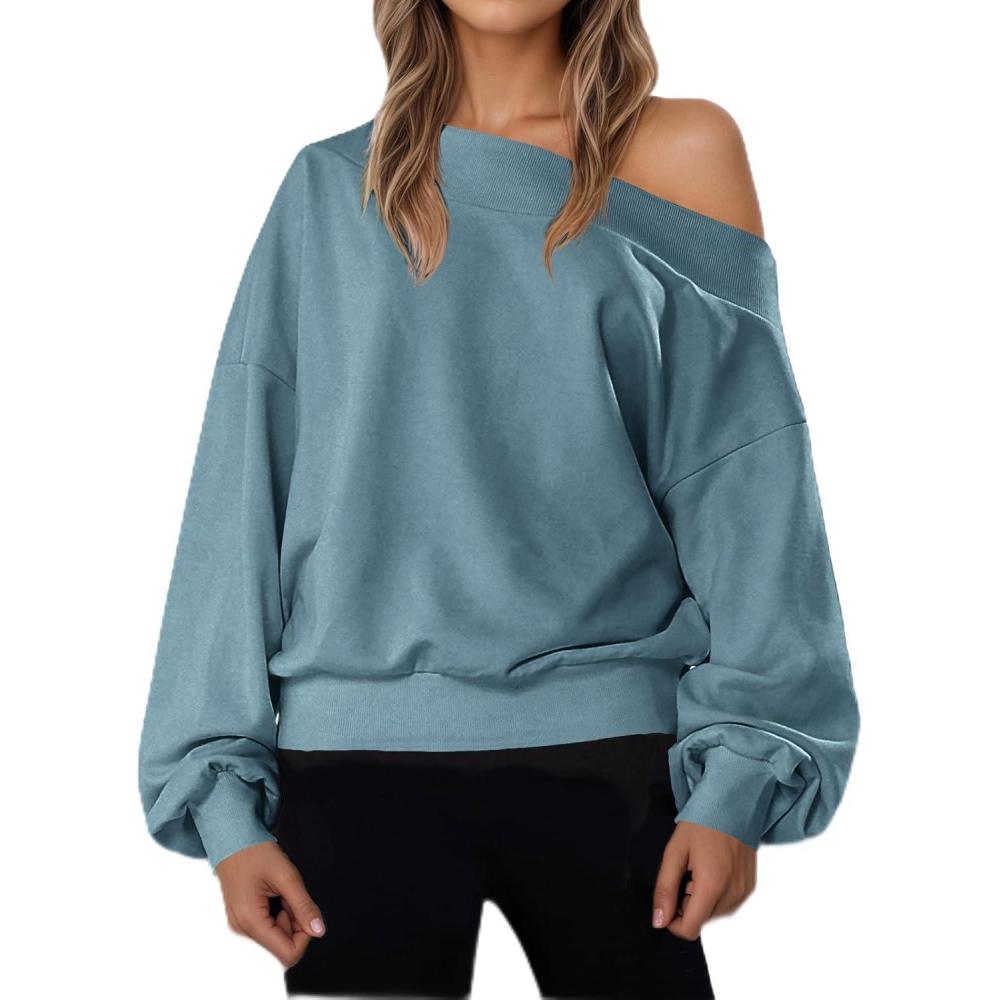 image:imageFisoew Womens Off The Shoulder Sweatshirt Casual Long Sleeve Loose Fit Fall Pullover TopBluish Gray
