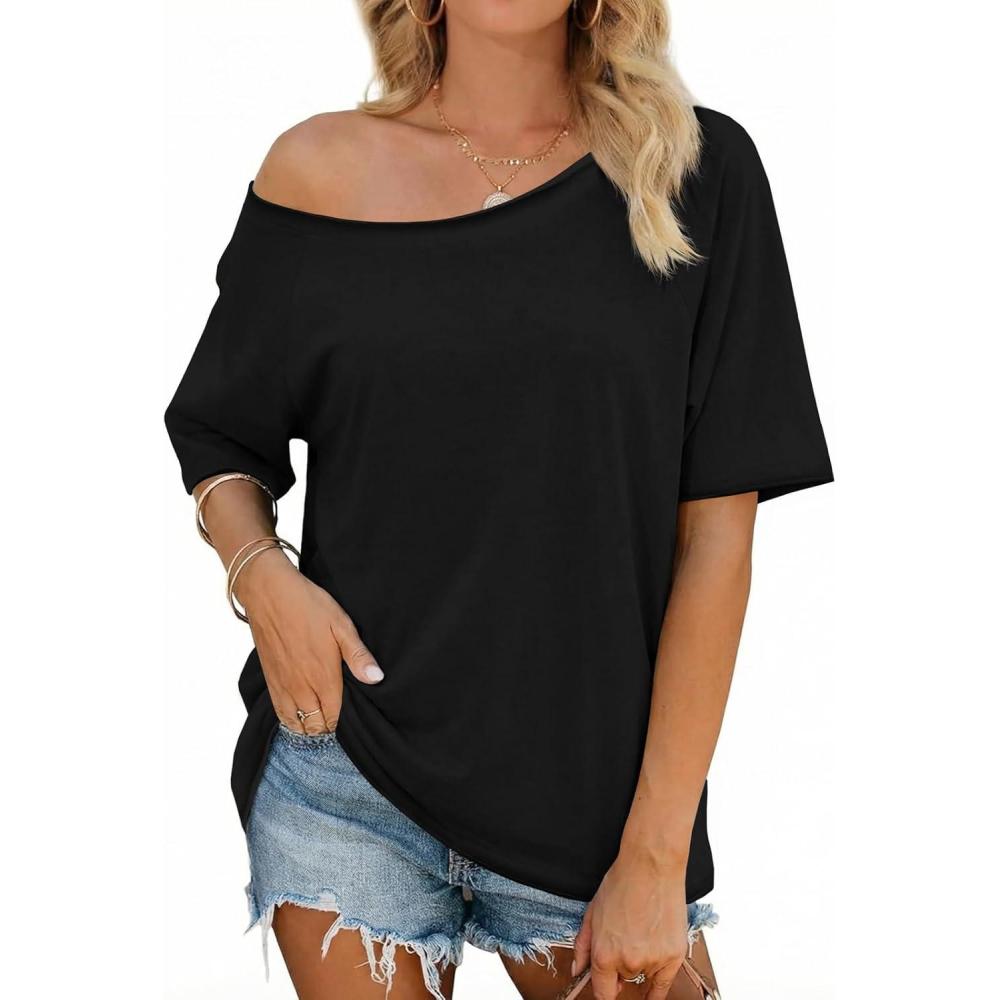 image:imageFisoew Womens Off The Shoulder Tops Oversized Short Sleeve TShirts 2026 Summer Spring Casual Fashion TeesBlack