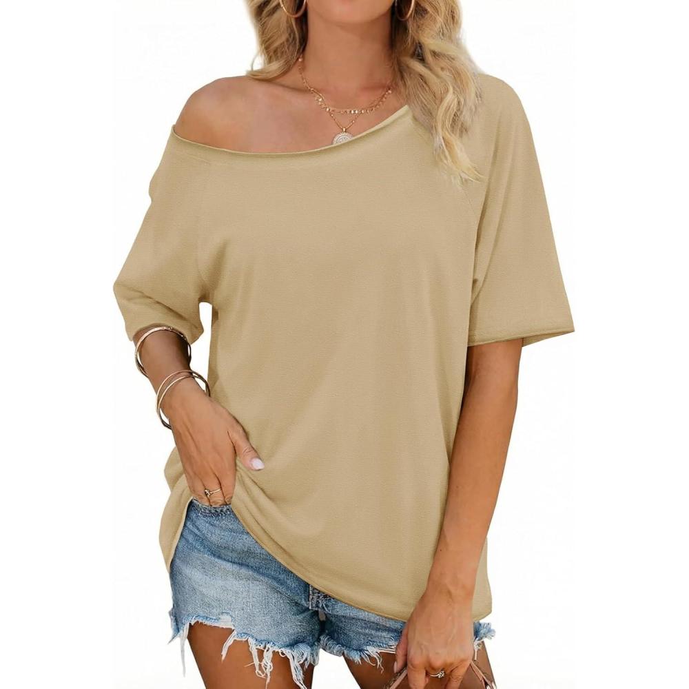 image:imageFisoew Womens Off The Shoulder Tops Oversized Short Sleeve TShirts 2026 Summer Spring Casual Fashion TeesKhaki