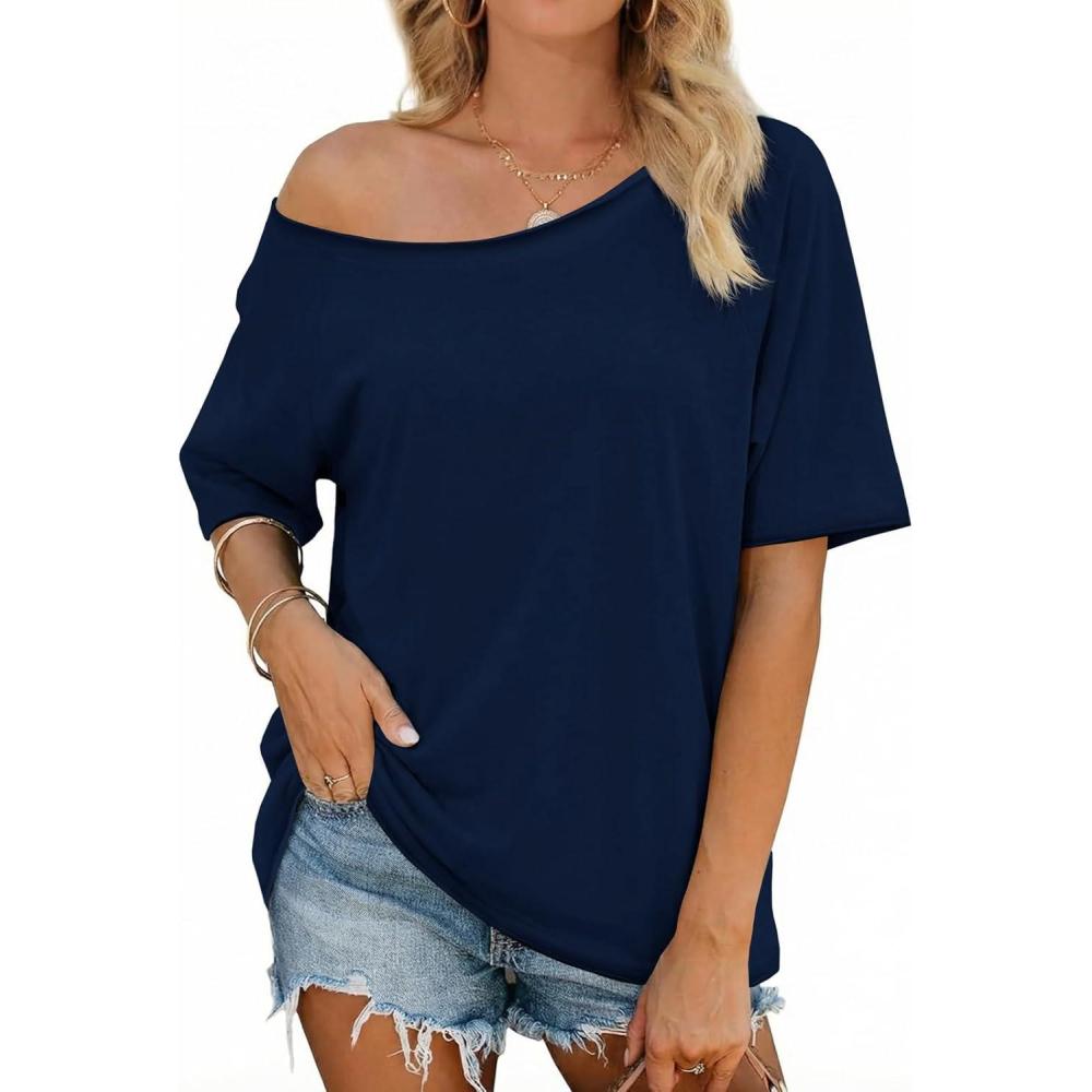 image:imageFisoew Womens Off The Shoulder Tops Oversized Short Sleeve TShirts 2026 Summer Spring Casual Fashion TeesNavy
