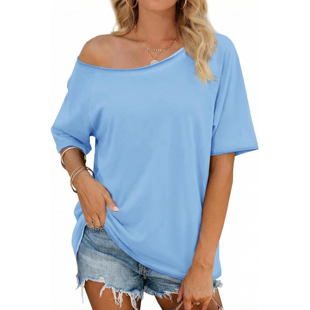 image:imageFisoew Womens Off The Shoulder Tops Oversized Short Sleeve TShirts 2026 Summer Spring Casual Fashion TeesSky Blue