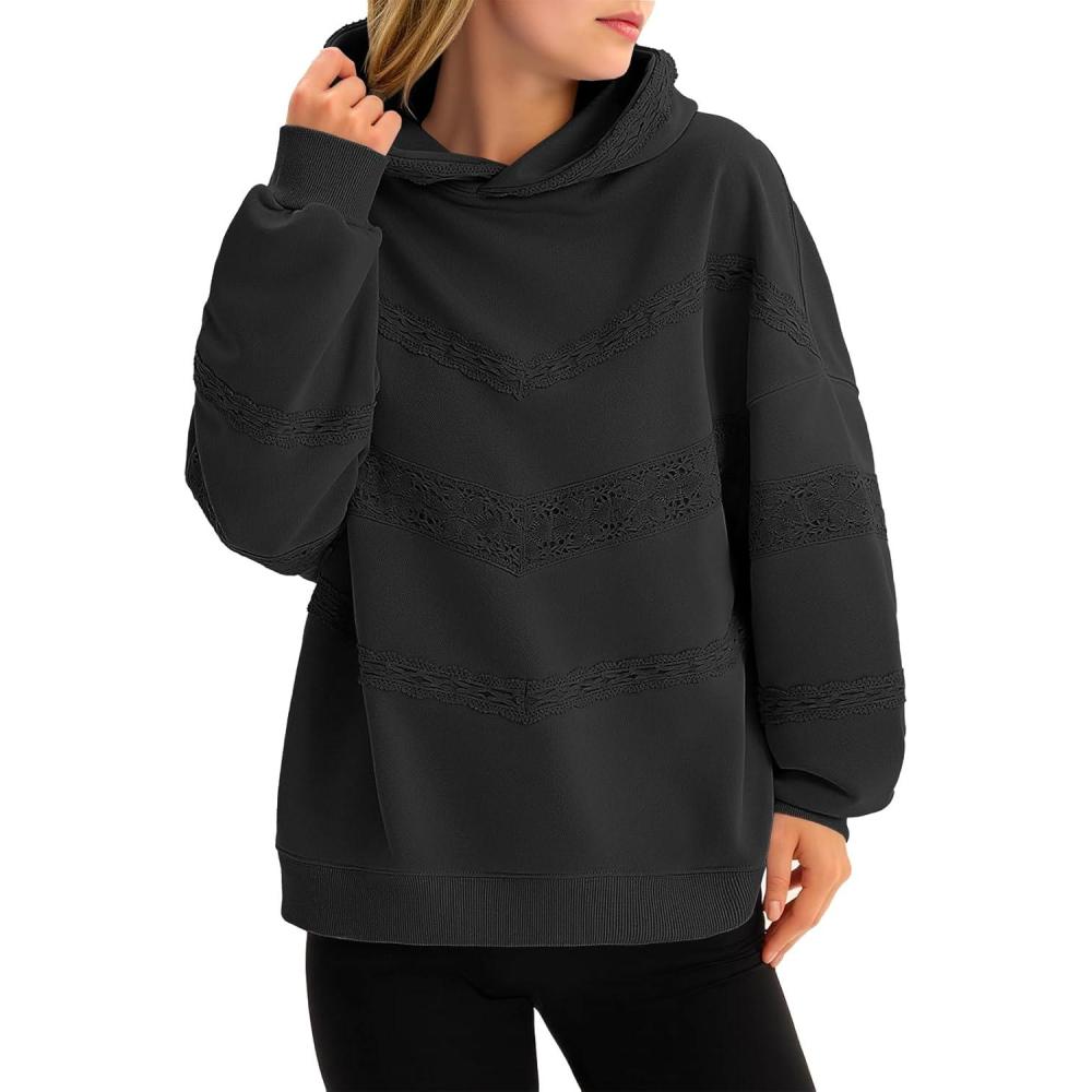 image:imageFisoew Womens Oversized Hoodies Fall Long Sleeve Sweatshirts Casual Loose Lace Y2K Cute Pullover TopsBlack