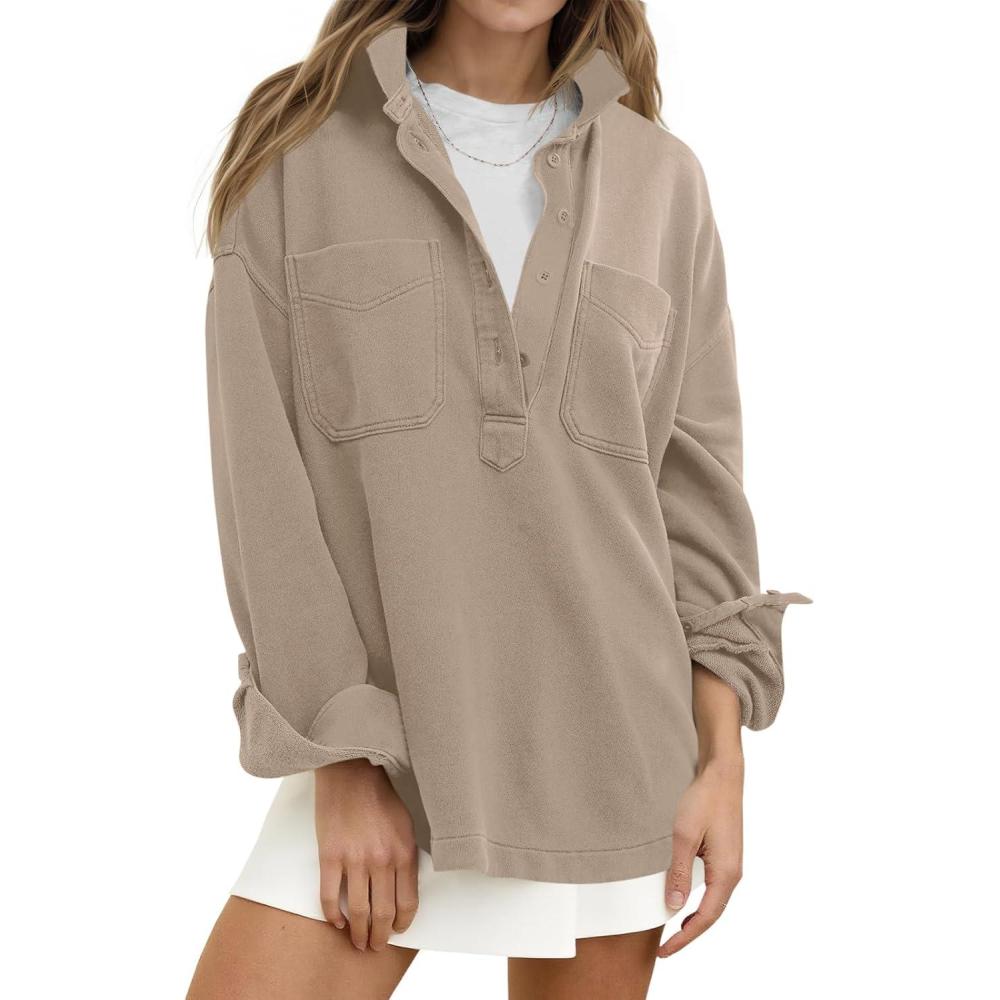 image:imageFisoew Womens Oversized Sweatshirt Casual Long Sleeve Henley V Neck Pullover Tops Fall Outfits ClothesKhaki