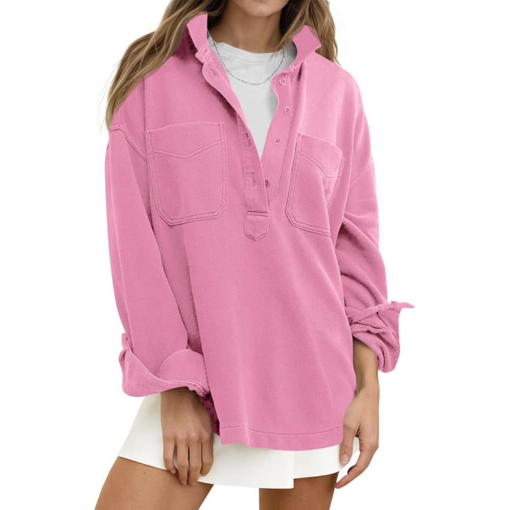 image:imageFisoew Womens Oversized Sweatshirt Casual Long Sleeve Henley V Neck Pullover Tops Fall Outfits ClothesPink