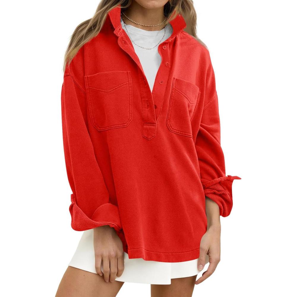 image:imageFisoew Womens Oversized Sweatshirt Casual Long Sleeve Henley V Neck Pullover Tops Fall Outfits ClothesRed