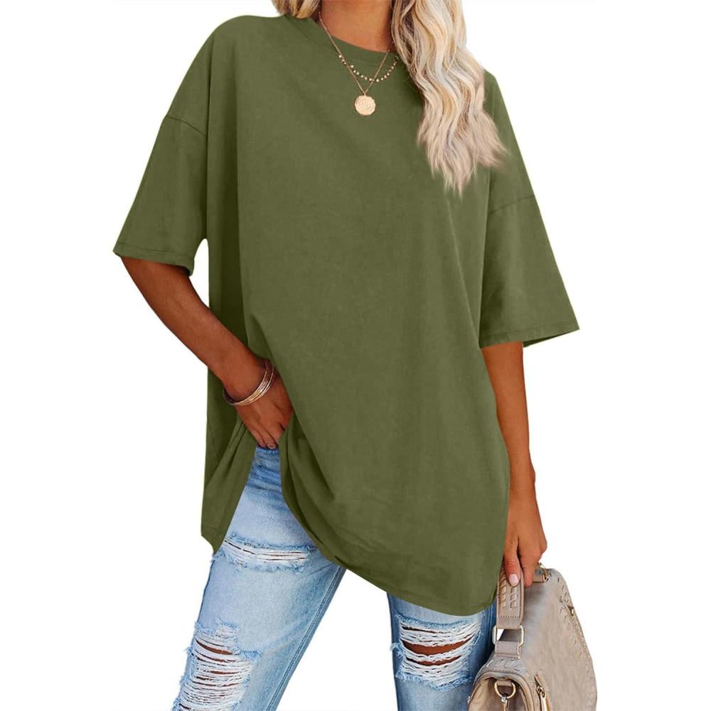 image:imageFisoew Womens Oversized T Shirts Tees Half Sleeve Crew Neck Cotton Tunic TopsArmy Green