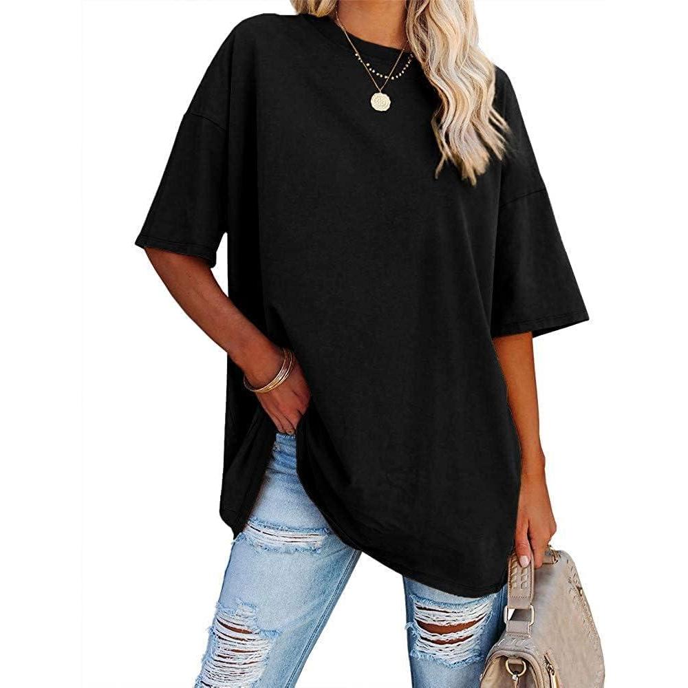 image:imageFisoew Womens Oversized T Shirts Tees Half Sleeve Crew Neck Cotton Tunic TopsBlack