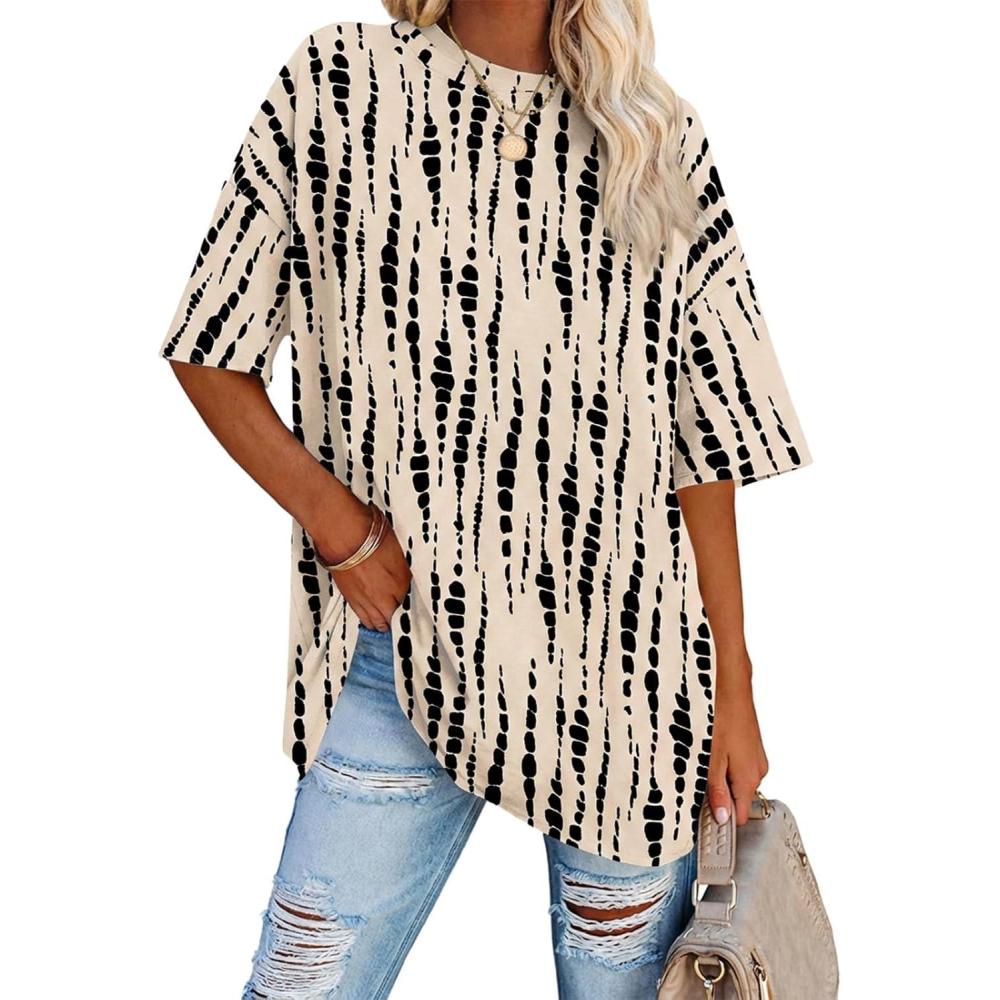 image:imageFisoew Womens Oversized T Shirts Tees Half Sleeve Crew Neck Cotton Tunic TopsBlack Stripe