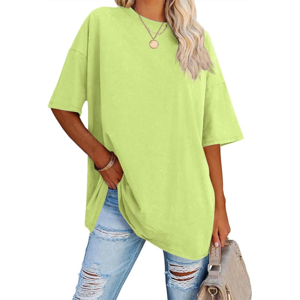 image:imageFisoew Womens Oversized T Shirts Tees Half Sleeve Crew Neck Cotton Tunic TopsFluorescent Green