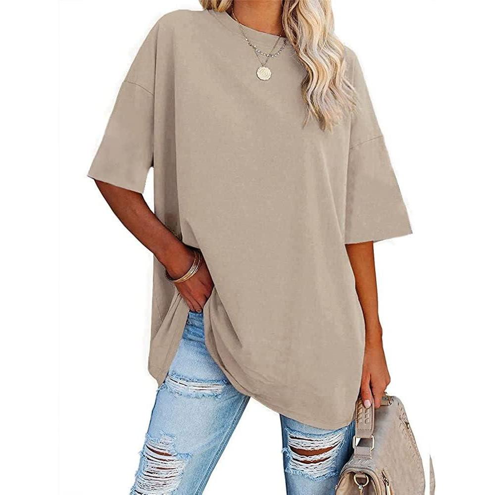 image:imageFisoew Womens Oversized T Shirts Tees Half Sleeve Crew Neck Cotton Tunic TopsKhaki