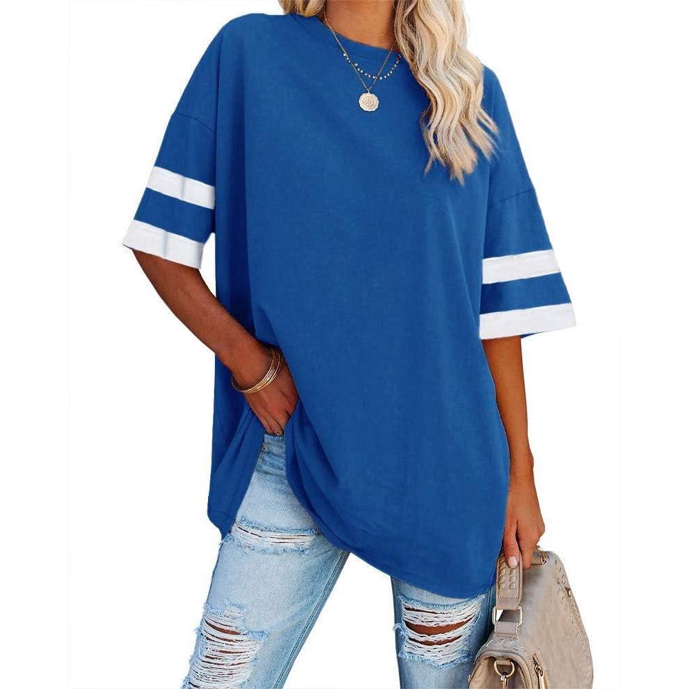 image:imageFisoew Womens Oversized Tees Loose T Shirts Half Sleeve Crew Neck Color Block Cotton Tunic TopsBlue