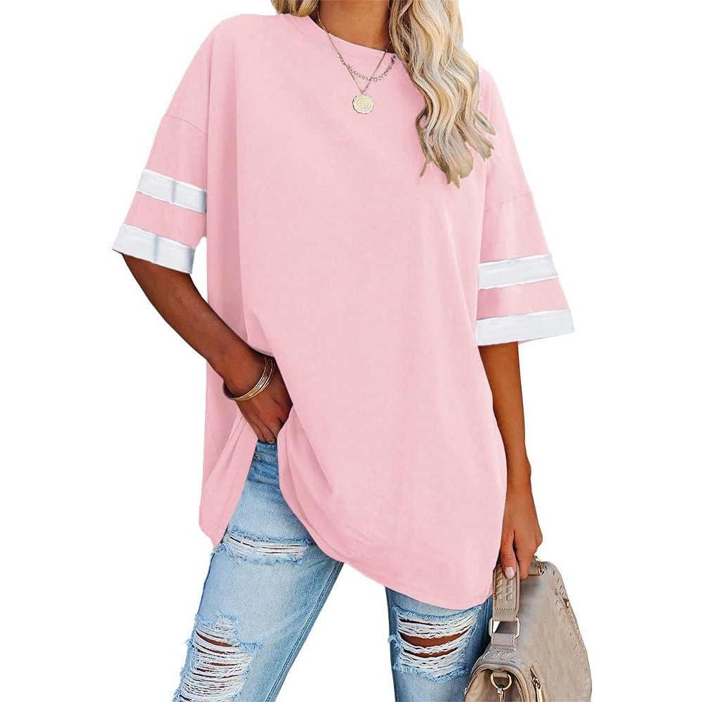 image:imageFisoew Womens Oversized Tees Loose T Shirts Half Sleeve Crew Neck Color Block Cotton Tunic TopsPink