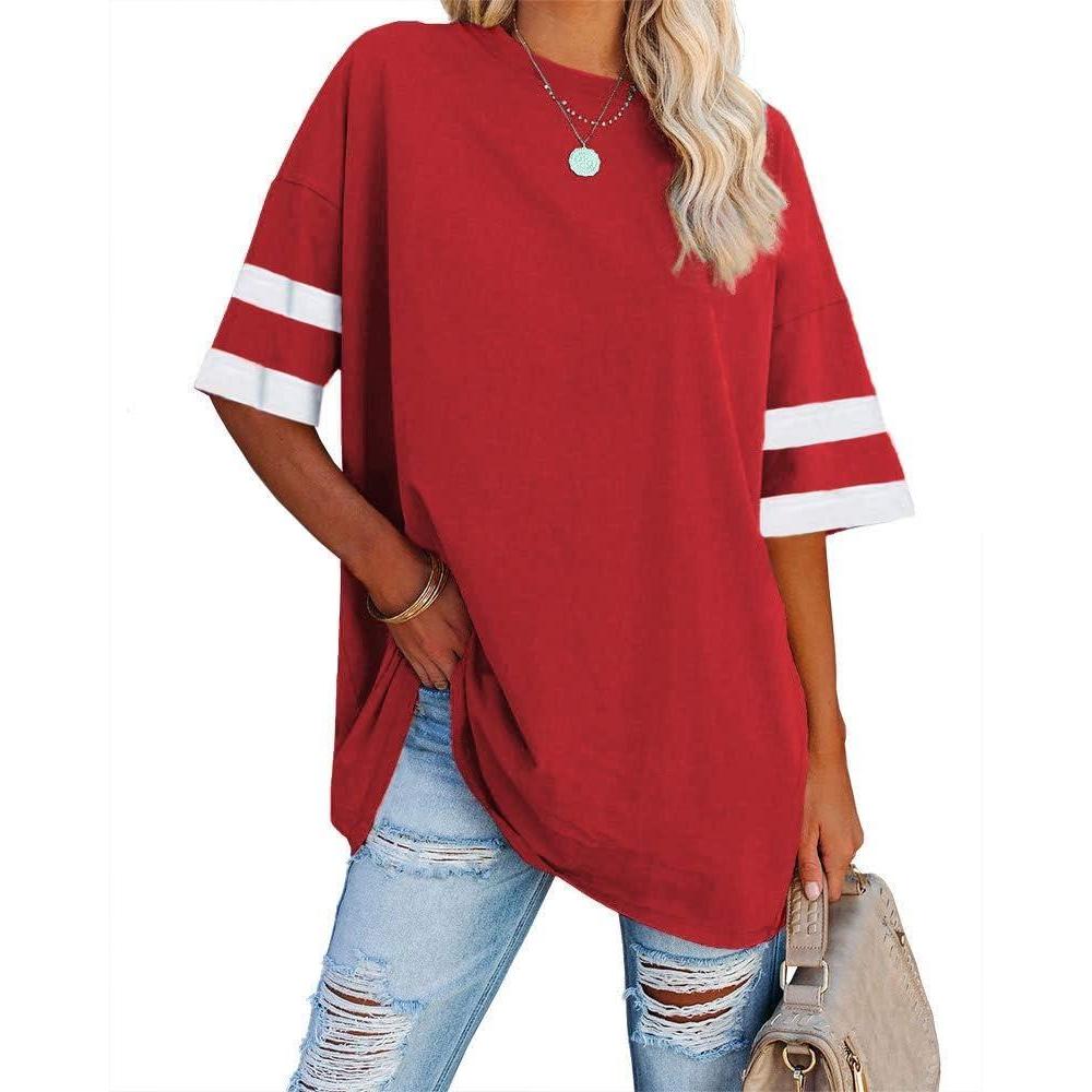 image:imageFisoew Womens Oversized Tees Loose T Shirts Half Sleeve Crew Neck Color Block Cotton Tunic TopsRed