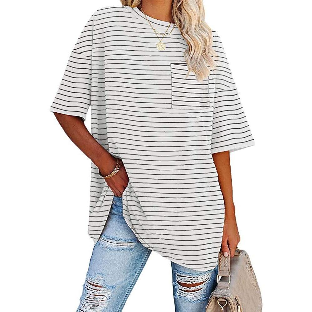 image:imageFisoew Womens Oversized Tees Loose T Shirts Half Sleeve Crew Neck Color Block Cotton Tunic TopsZ1white