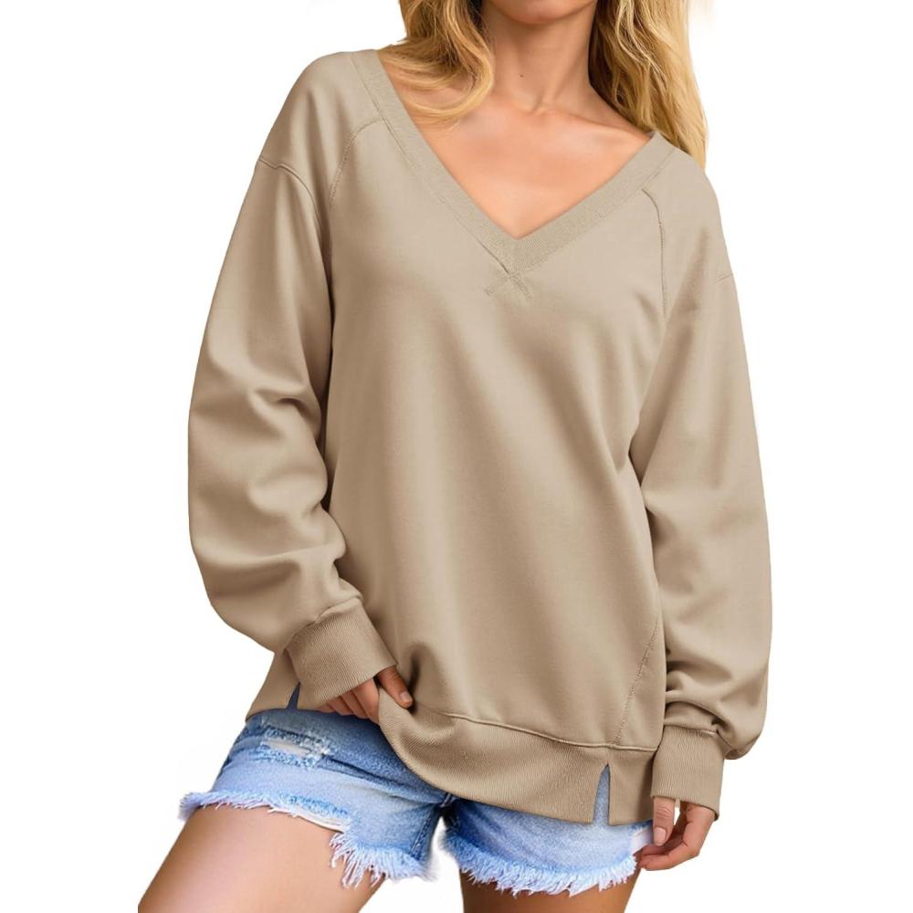 image:imageFisoew Womens Oversized V Neck Sweatshirts Casual Fall Loose Fit Long Sleeve Pullover TopsKhaki