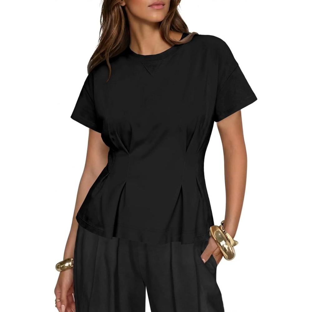image:imageFisoew Womens Peplum Tops Short Sleeve Babydoll Summer T Shirts Casual Crop Crew Neck Pleated Blouses Black